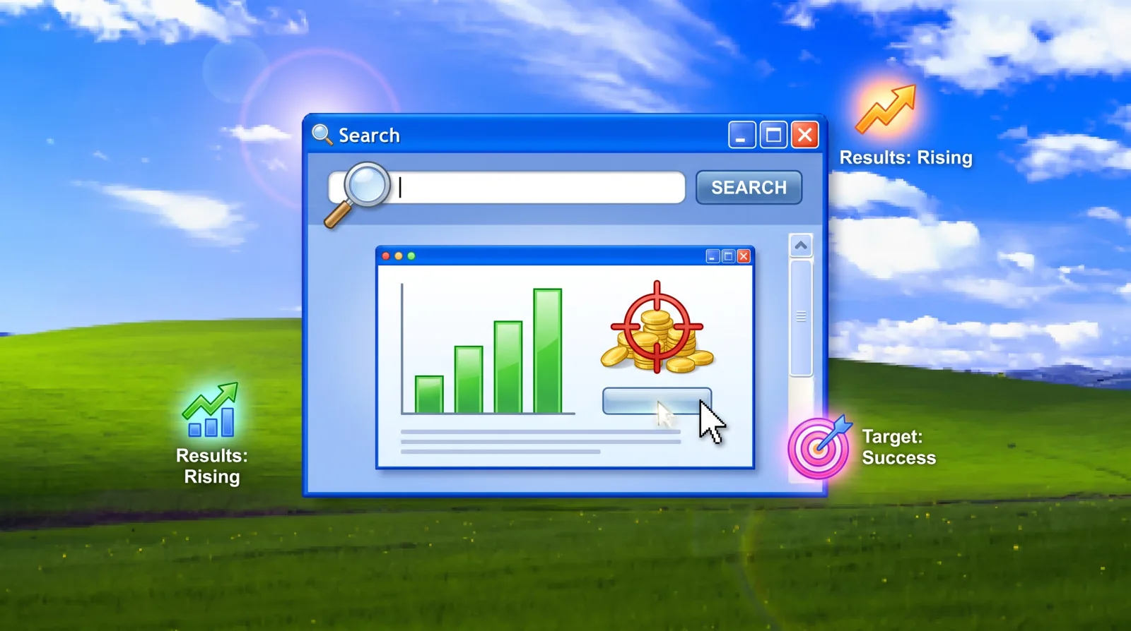 Иллюстрация в стиле Windows XP: окно поиска с растущим графиком, монетами и прицелом на фоне холмов Bliss