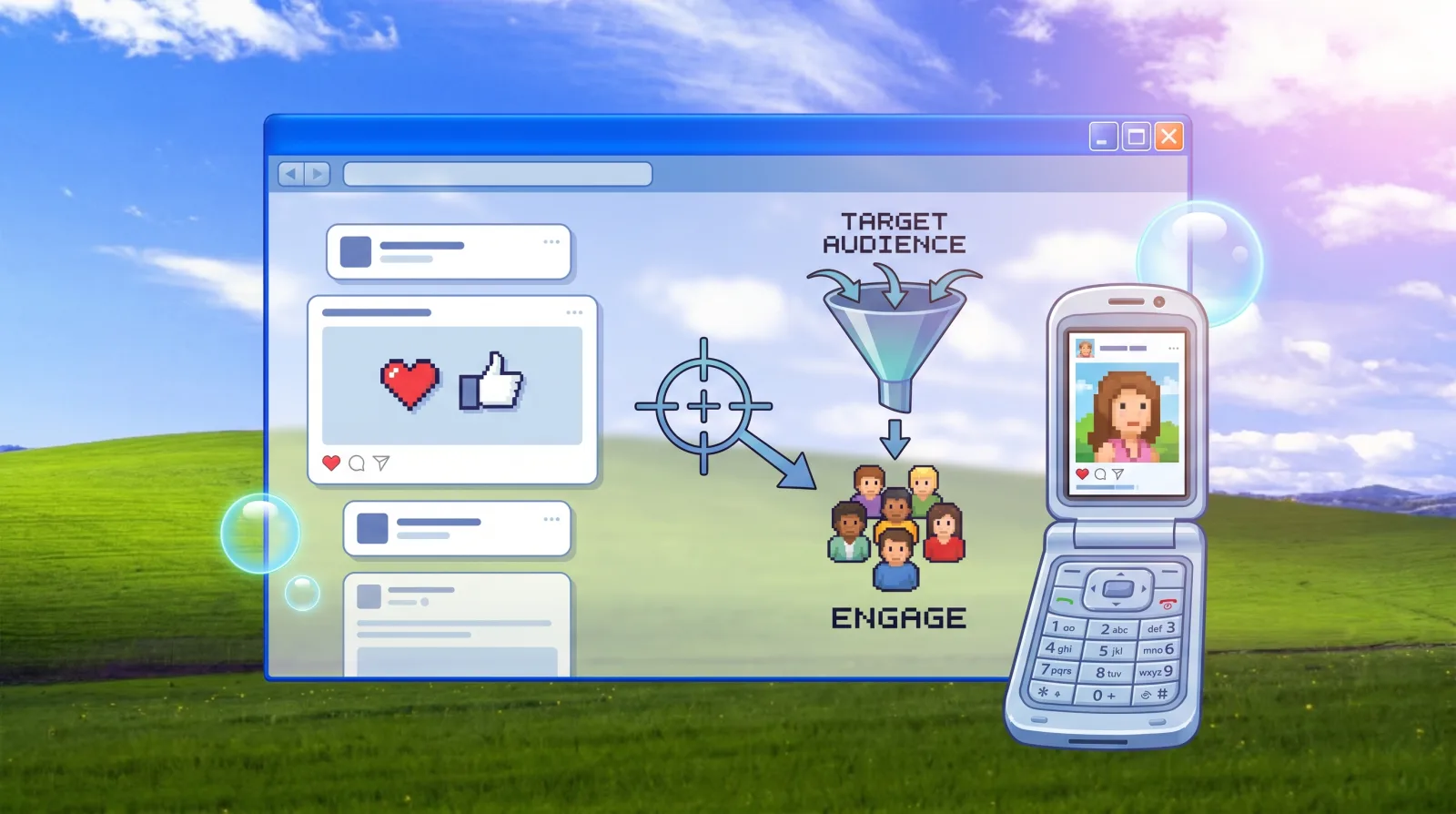 Иллюстрация в стиле Windows XP: лента соцсети с реакциями, воронка аудитории и телефон-раскладушка на фоне холмов Bliss